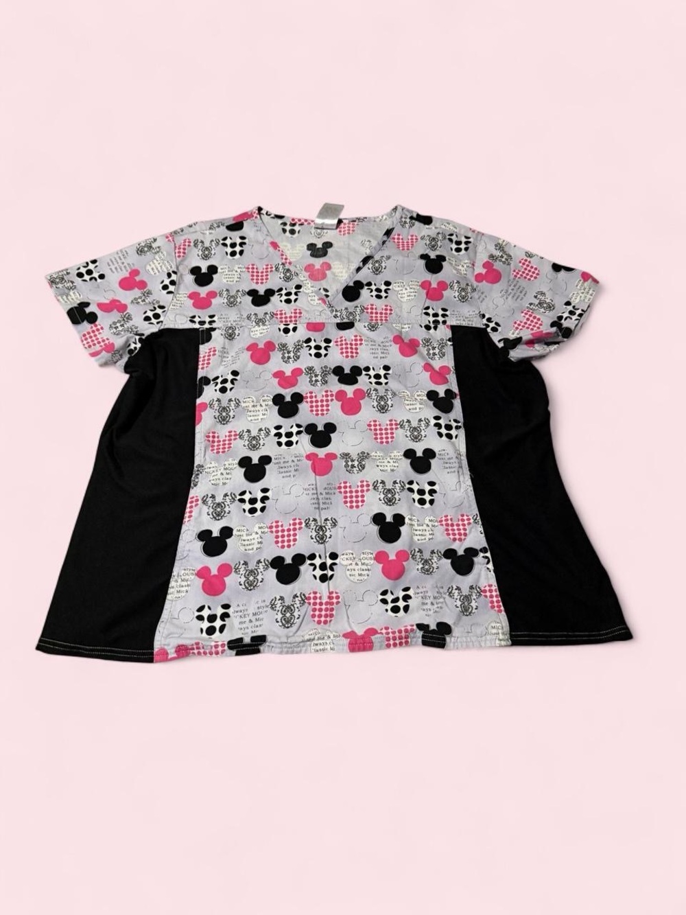 Disney Pink, Black & Gray Mickey Head Print Short Sleeve Scrub Top